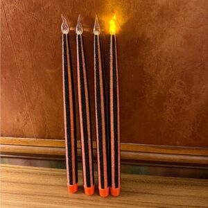 Set Of 4 Halloween LED Taper Candles Black & Orange Glitter Flameless Battery Op